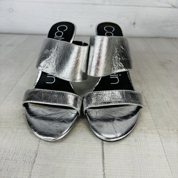 Calvin Klein REMA Metallic Silver Leather Double Band Slide Heel Sandals Sz 7.5M - Picture 7 of 16